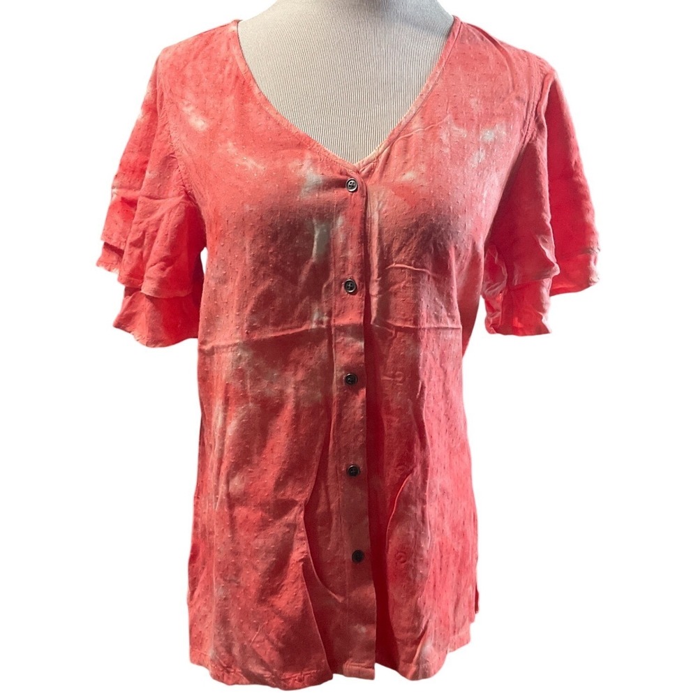 Dear John Top Womens Small Tie Dye Swiss Dot Ruffle Sleeve Coral Boho DJSH1419N7